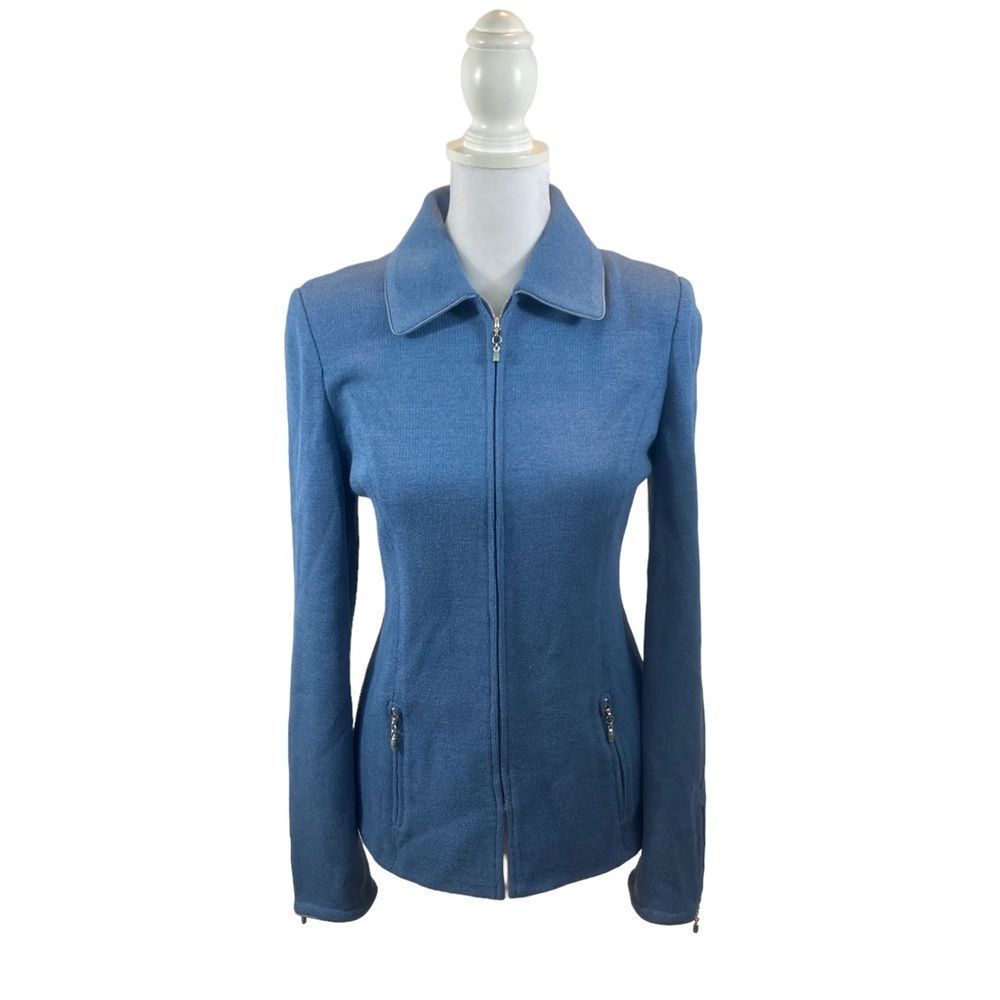 St. John Collection Brand Blue Full Zipper Knit Jacket Size 4 - Picture 1 of 13